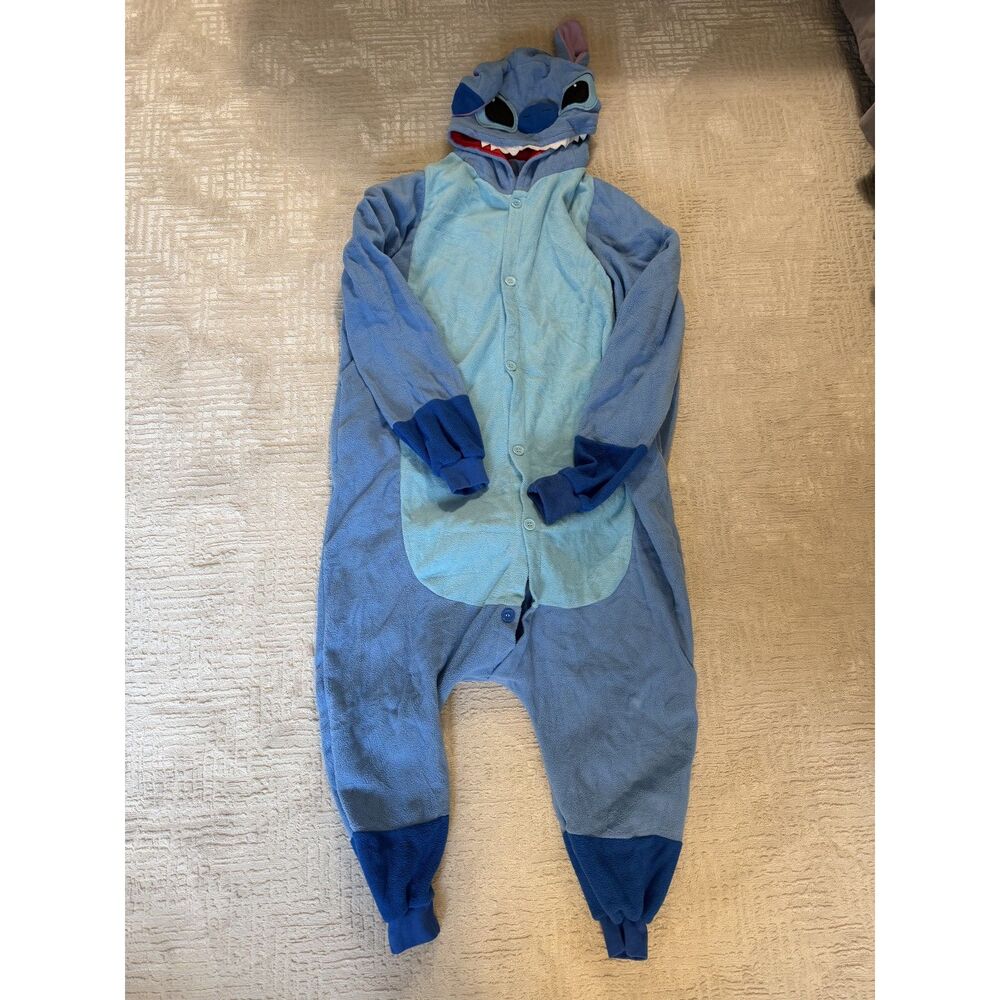 Disney Stitch Adult Onesie Pajamas Size Small Blue Hooded One Piece